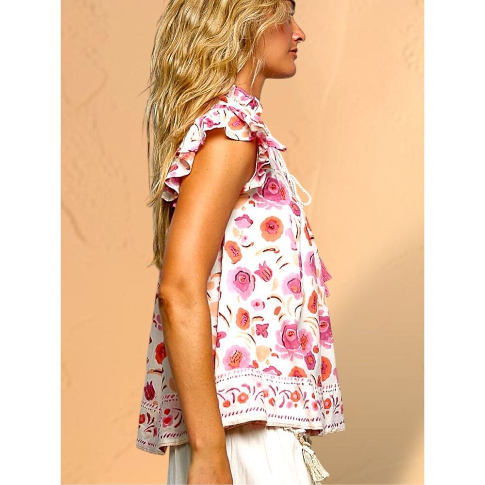 POL Floral Tassel Tie Flutter Sleeve Boho Cotton Blouse Pink Floral NEW - Picture 3 of 7
